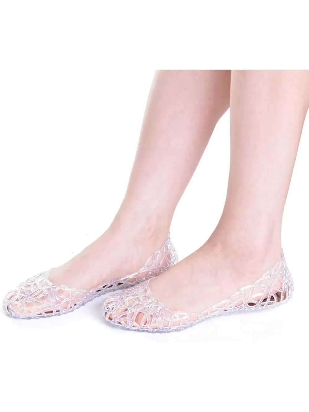 Chic Women’s Beach Jelly Flats - Slip-On Crystal Hollow Summer Shoes